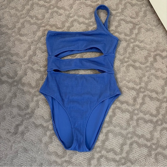 Aerie Crinkle Cut Out One Shoulder One Piece Swimsuit Electric Blue S Full Cover - Picture 5 of 8